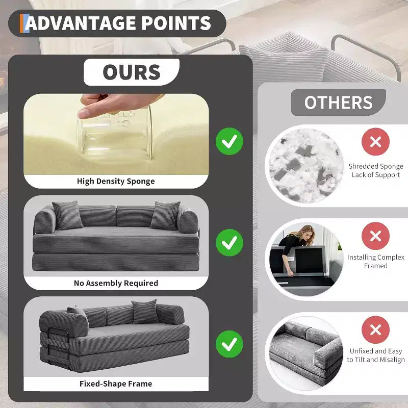 2-in-1-Schlafsofa, bequemes Klappsofa aus Cord mit tiefer Sitzfläche und breiten Armlehnen, Sofa ohne Gestell, für Wohnzimmer und Wohnungen