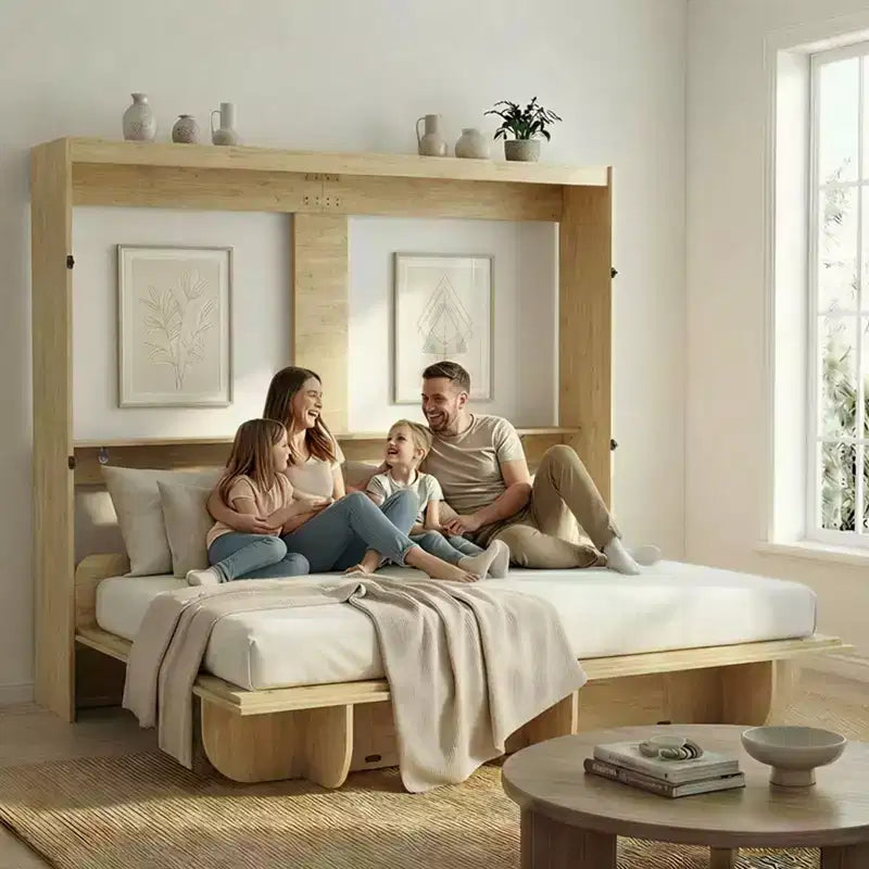 Lit escamotable invisible 2-en-1 avec étagères de rangement, grand lit, bois naturel (matelas non inclus)