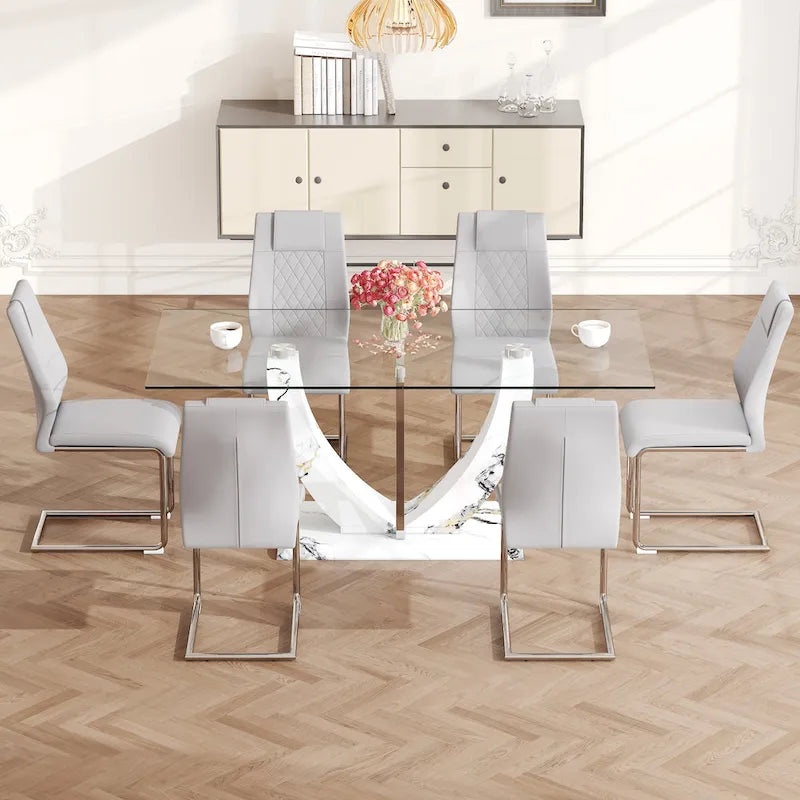 Ensemble de table à manger moderne en verre trempé avec piètement en U à motif marbré et chaises rembourrées de similicuir