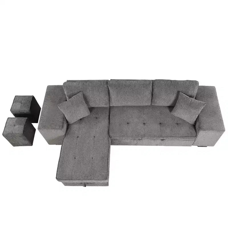 Divano componibile letto reversibile a L da 104.5 con chaise longue contenitore e 2 sgabelli - Divano letto trasformabile a 3 posti per il soggiorno