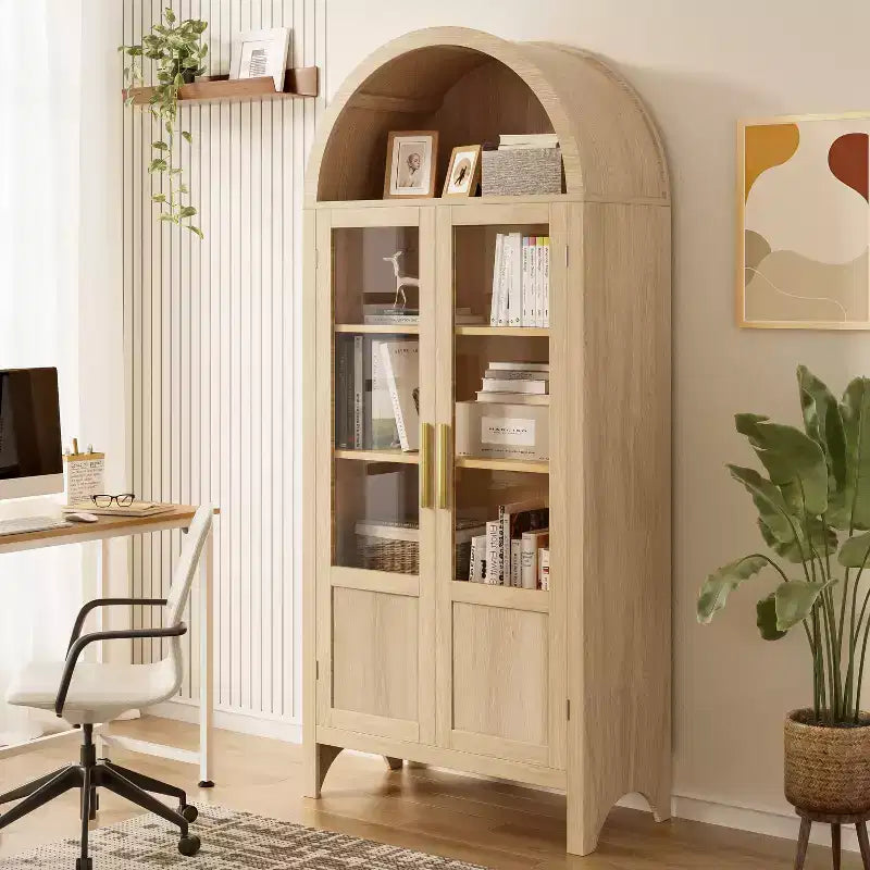 71 Zoll hoher, gewölbter Aufbewahrungsschrank mit 2 Acryltüren und Regalböden fürs Wohnzimmer