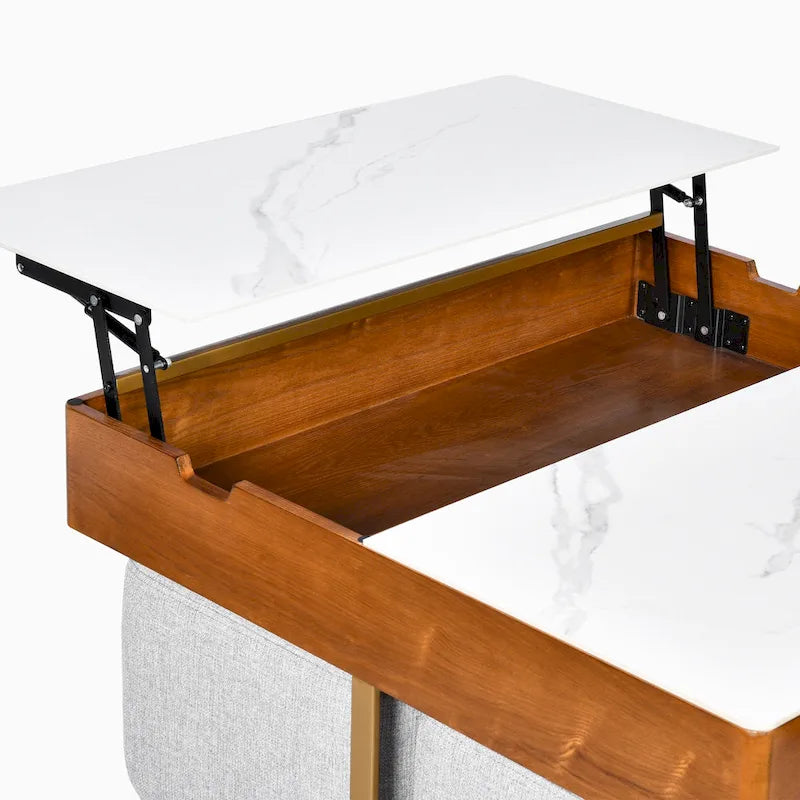 Salontafel met hefblad, verborgen opbergruimte en 4 poefs