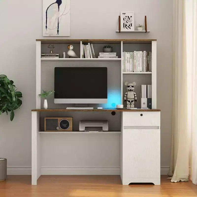 Scrivania moderna per computer da 51.18IN con alzata e libreria, scrivania da ufficio con ampio spazio contenitivo, scrivania per studio e sala lettura