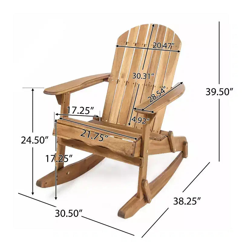 Okak rustikaler Adirondack-Schaukelstuhl aus hochwertigem Akazienholz, 1 Stück, gemütlicher Outdoor-Sessel für Veranda, Hinterhof und Garten, naturfarben