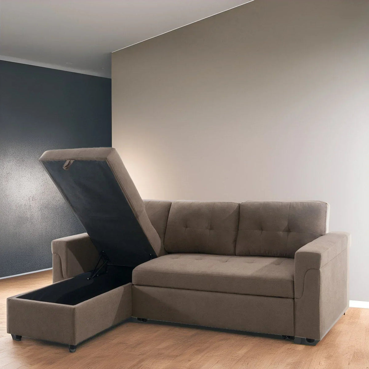 Umbaubares, beidseitig montierbares Ecksofa mit ausziehbarem Schlafbett, verstecktem Stauraum in der Recamiere und robusten Beinen