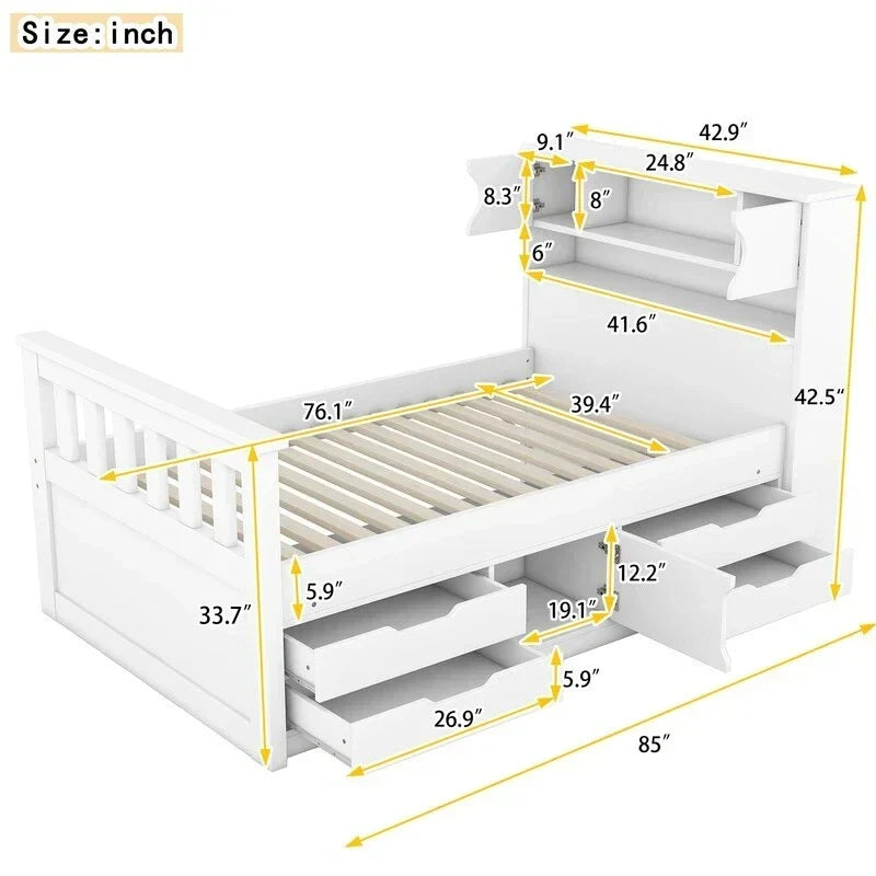 Letto a piattaforma Captain singolo/matrimoniale con 4 cassetti e ripiani contenitori, struttura in legno massello con testiera libreria contenitore