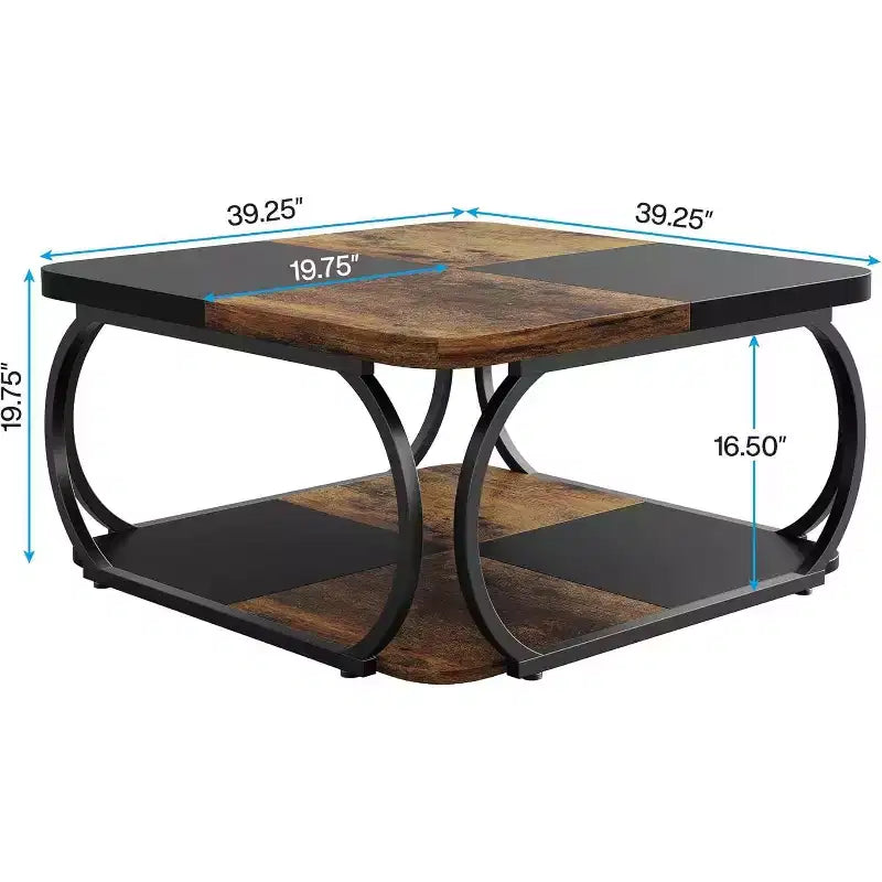 Quadratischer Couchtisch, 40 Zoll, mit 2 Ebenen, niedriger Landhausstil-Tisch mit Ablagefach fürs Wohnzimmer, Schwarz und Rustikales Braun