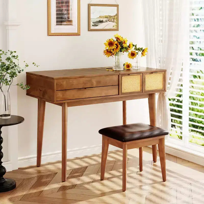 GDFStudio Vita klassieke houten kaptafelset met opklapbaar blad, verborgen spiegel, 3 opberglades en gevoerde kruk