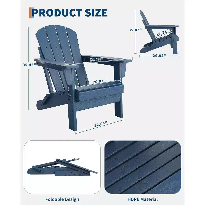 Folding Adirondack Chairs Set of 4 with 2 Side Tables, Modern Outdoor HDPE Chairs for Patio, Deck Balcony Backyard Lawn