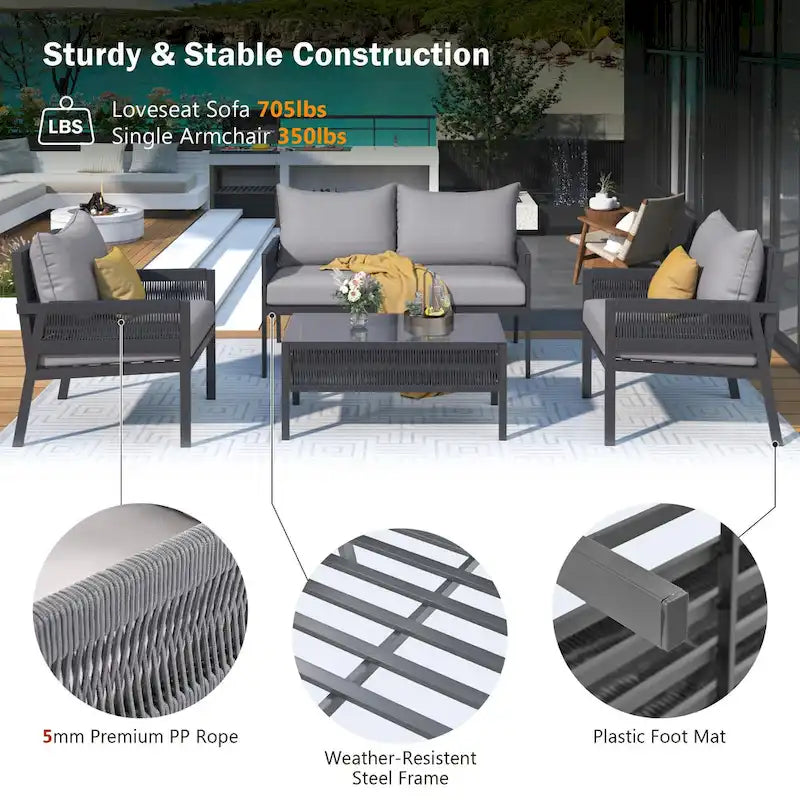 4-delige tuinmeubelset, loungeset voor buiten met tafel van gehard glas, diepe zit en dikke kussens