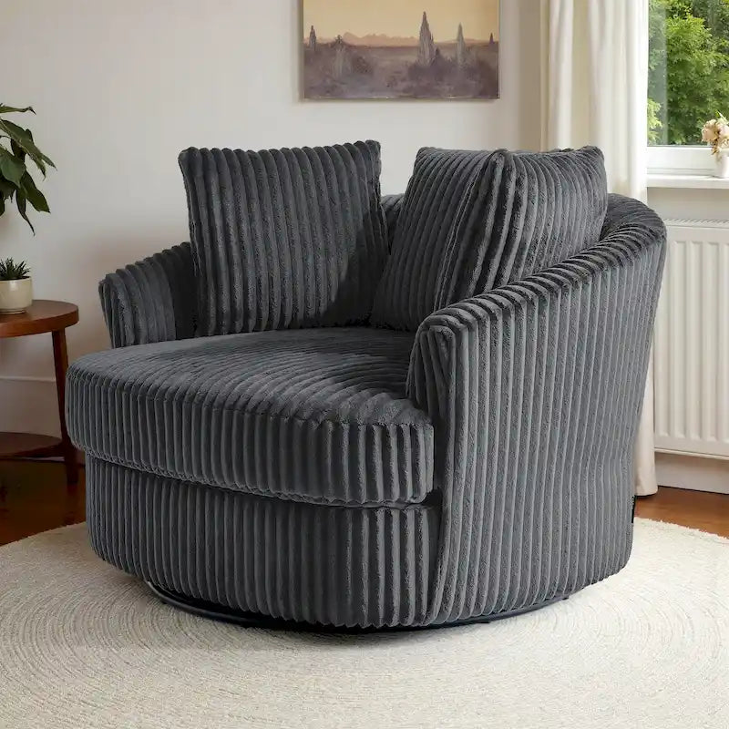 Fauteuil tonneau pivotant surdimensionné en velours côtelé moelleux, accoudoirs rentrés, 43 W