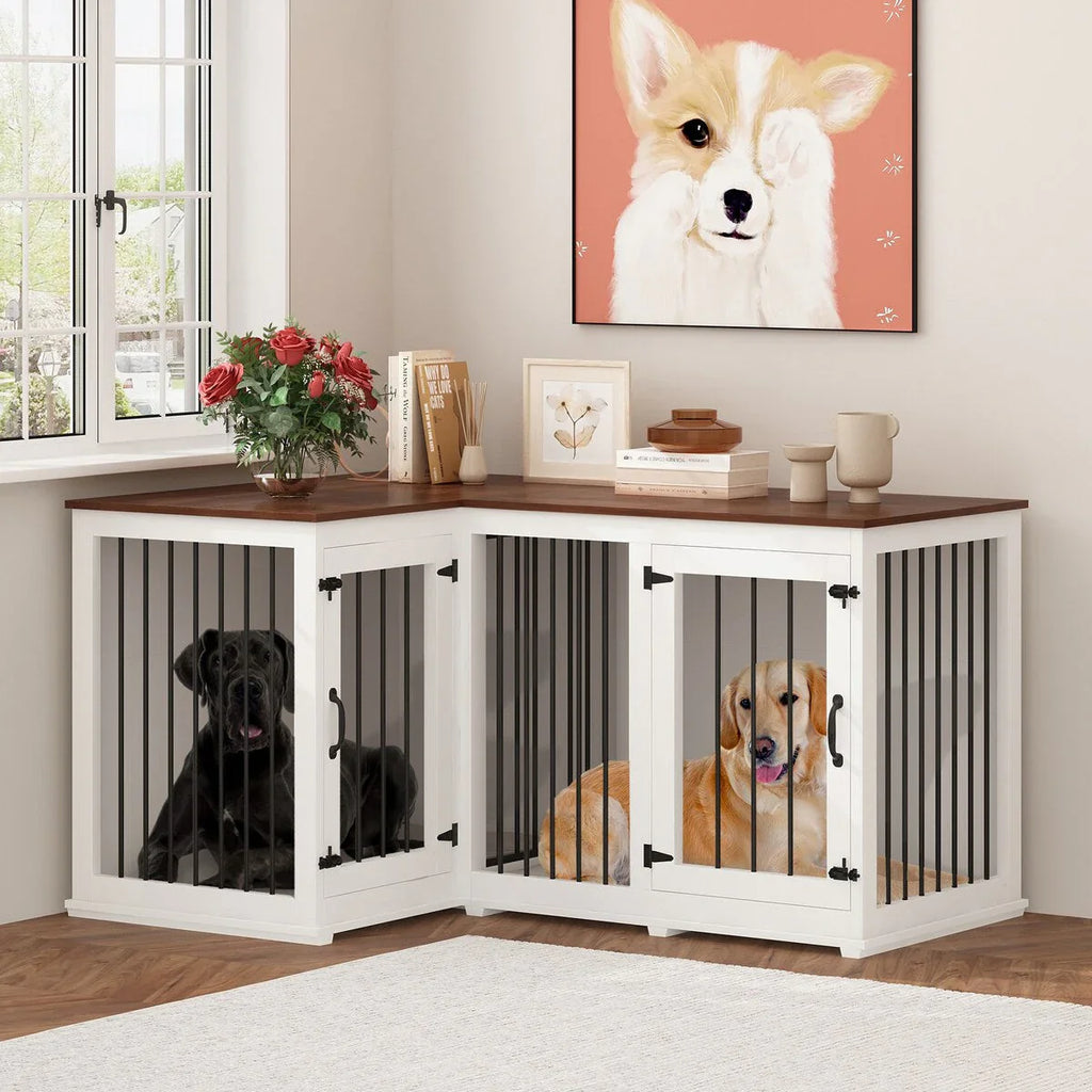 Große Eck-Hundebox als Möbelstück für 2 Hunde, Hundekäfig in L-Form - 58.7X41.1