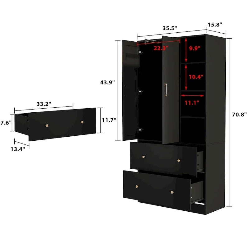 Kleiderschrank mit Spiegel und verstellbarem Kleiderstangenbereich, platzsparend