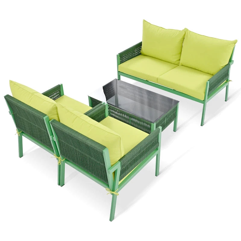 4-delige tuinmeubelset, loungeset voor buiten met tafel van gehard glas, diepe zit en dikke kussens