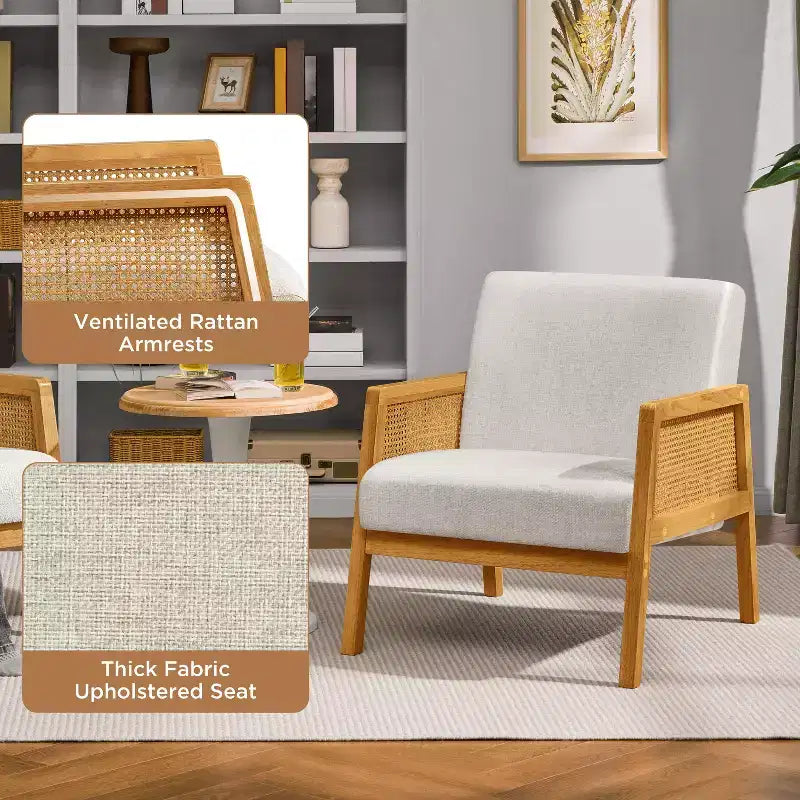 Yaheetech set van 2 gestoffeerde fauteuils met rotan zijkanten voor woonkamers en slaapkamers
