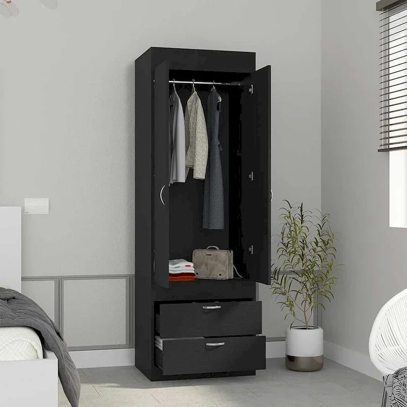 18.9  moderner zweitüriger Kleiderschrank mit zwei unteren Schubladen und Kleiderstange fürs Schlafzimmer
