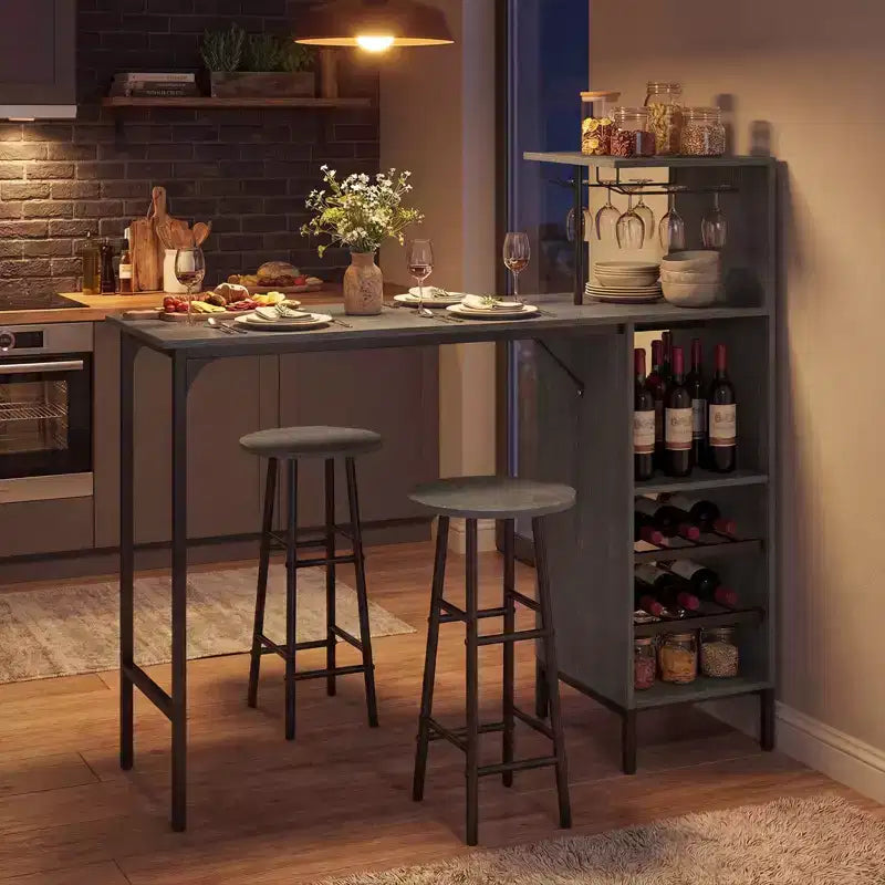 Costway barta felset van 3 stuks, industriële bartafel en krukken met wijnflessenrek, bruin/eik
