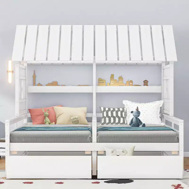 Lits plateformes Whisen House avec deux tiroirs pour chambre partagée de garçon et de fille