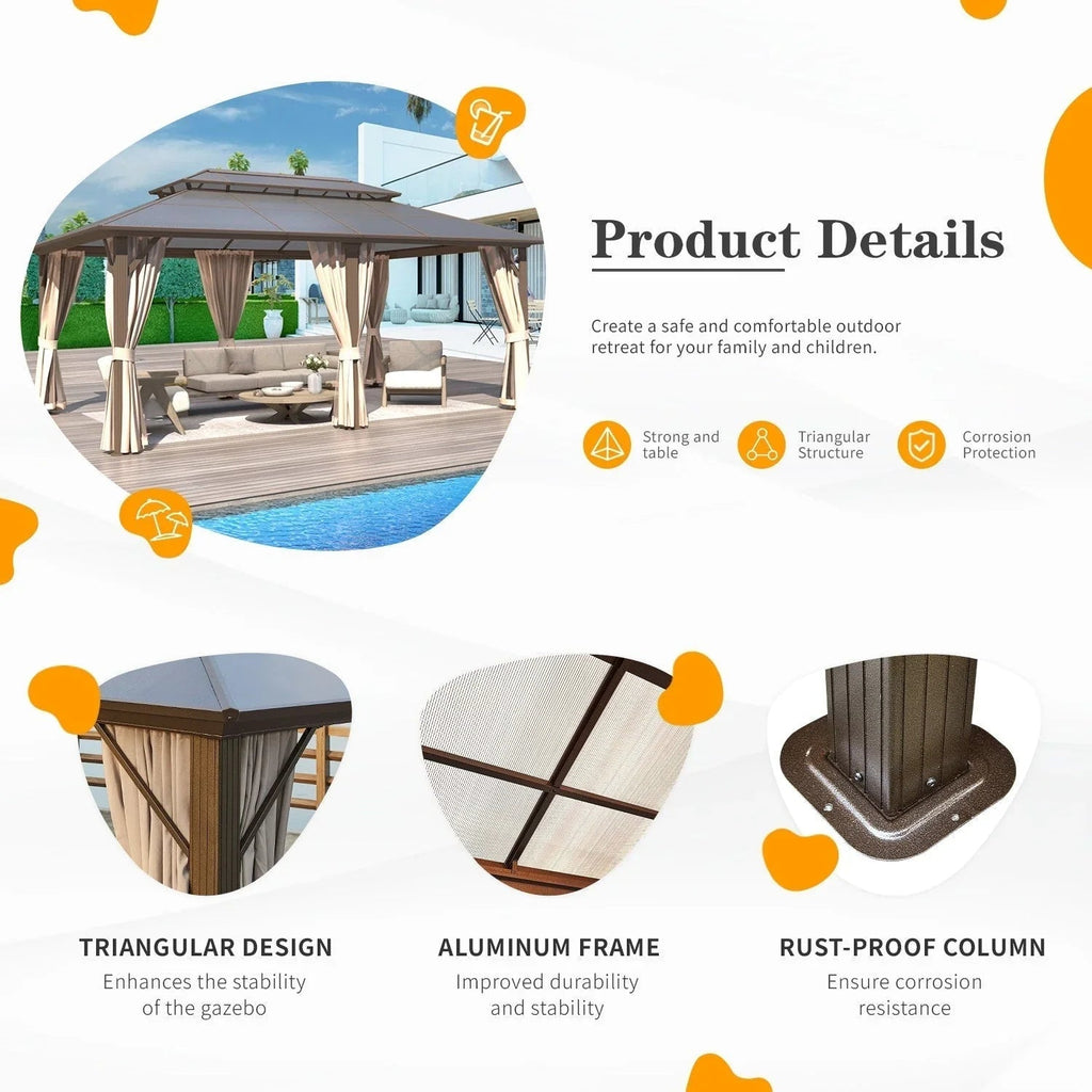 EROMMY hardtop-paviljoen, pergola voor buiten met dubbel dak, netten en gordijnen, extra stevig zonnescherm voor terras, achtertuin en zwembadfeest
