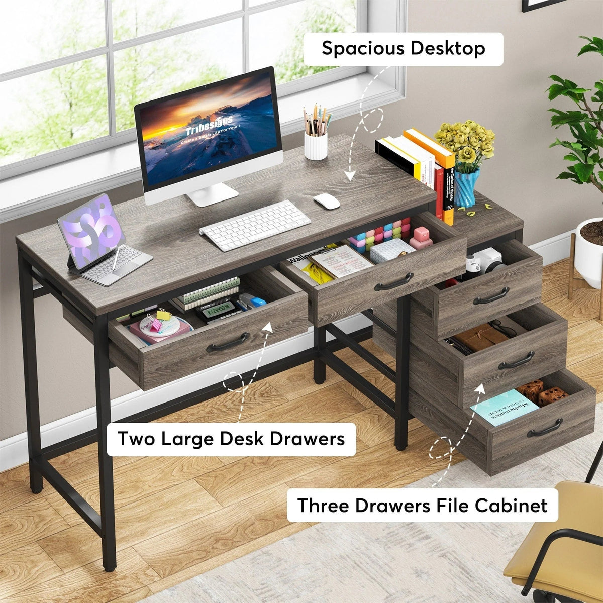 Wendbarer Computerschreibtisch mit 5 Schubladen, Schreibtisch fürs Homeoffice mit Aktenschublade und Druckerständer