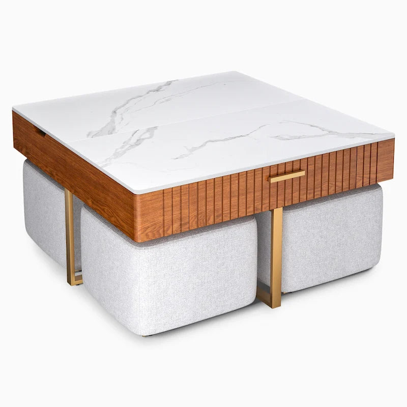 Salontafel met hefblad, verborgen opbergruimte en 4 poefs