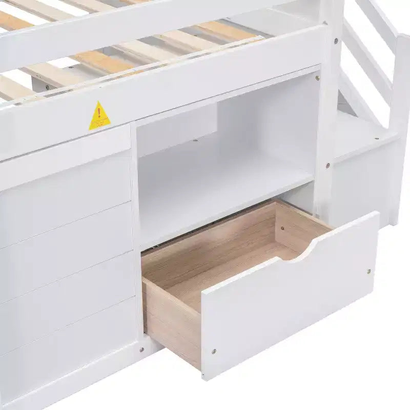 94.6L x 42.3W niedriges Hochbett aus Massivholz in Einzelgröße mit Treppe, Schublade und Regal, modernes und schlichtes Design