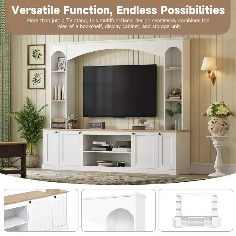 Whisen 91 Medienkonsole, geschwungene Entertainment-Center-Wandeinheit, TV-Schrank im Landhausstil mit Bücherregal in Holzoptik für Fernseher bis zu 70