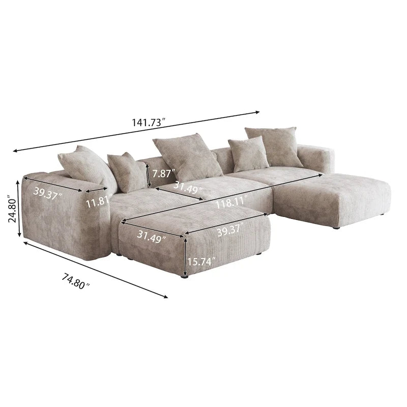Canapé modulable d’angle de 141.73, canapé en velours côtelé en U avec poufs