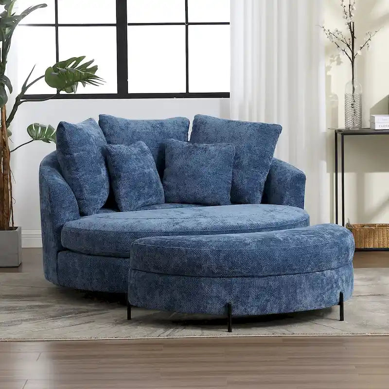 Fauteuil canapé moderne rond de style tonneau avec 5 coussins et pouf en option