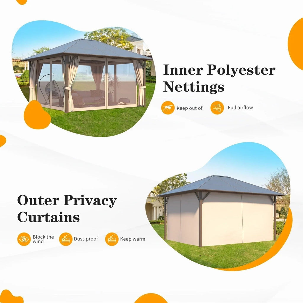 EROMMY hardtop-paviljoen, pergola voor buiten met dubbel dak, netten en gordijnen, extra stevig zonnescherm voor terras, achtertuin en zwembadfeest
