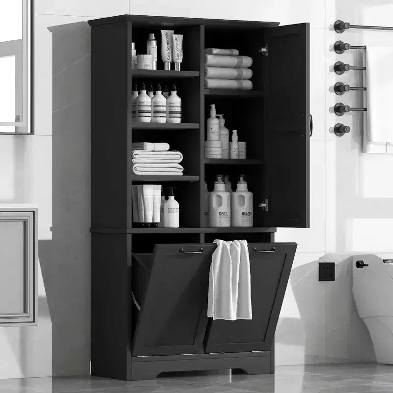 Meuble de rangement pour salle de bains avec portes et tiroirs, panier à linge basculant, nombreux espaces de rangement, modèle autoportant