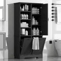 Meuble de rangement pour salle de bains avec portes et tiroirs, panier à linge basculant, nombreux espaces de rangement, modèle autoportant