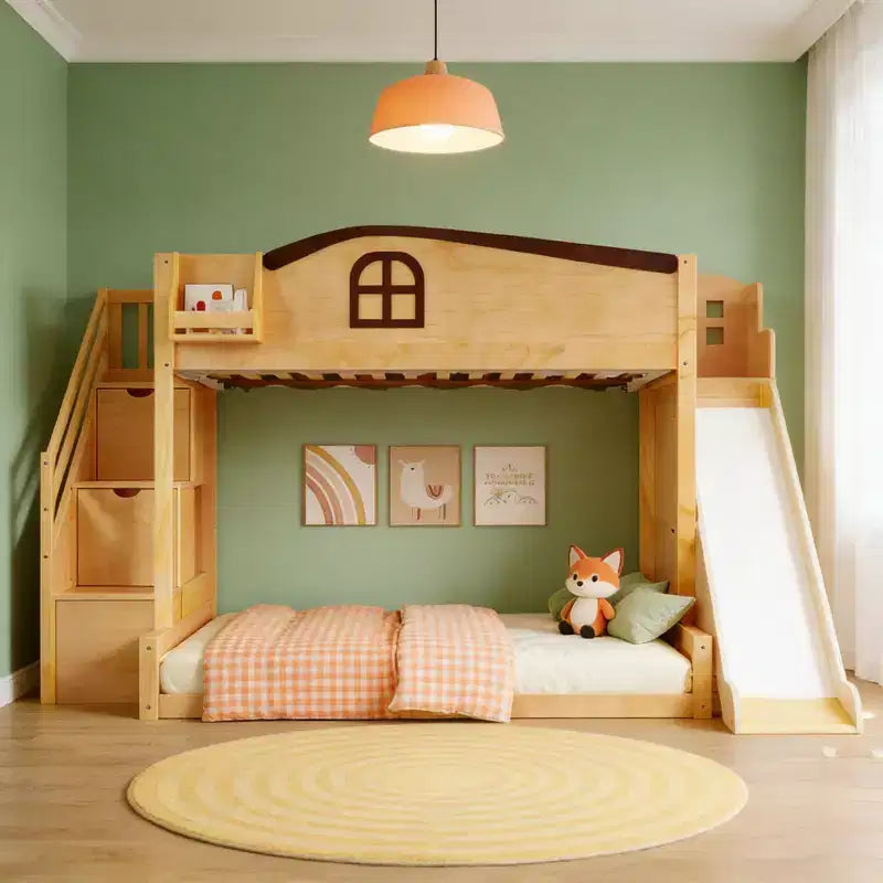 Stapelbed met een twijfelaar boven een tweepersoonsbed, met glijbaan, planken, opbergtreden en kledingkast voor de kinderkamer