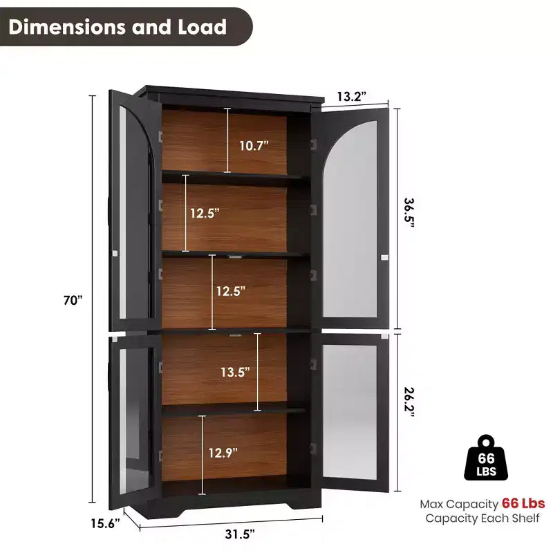 Dispensa da cucina alta 70, mobile espositivo moderno con 4 ante ad arco in vetro e ripiani regolabili, per cucina, soggiorno, sala da pranzo e bagno