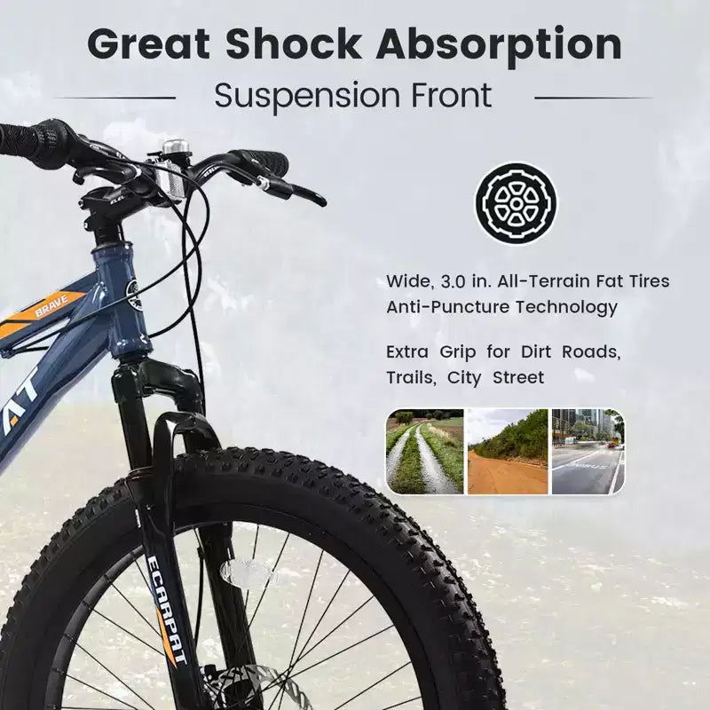 Bicicletta Okak da 24IN con pneumatici larghi e sospensione anteriore, mountain bike a 7 velocità con freno a disco e telaio in acciaio ad alto tenore di carbonio, bici da trail per gli spostamenti