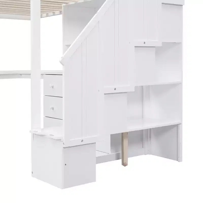 Lit mezzanine simple avec bureau en L, 3 tiroirs, armoire, rangement sous l’escalier, structure en pin massif/MDF