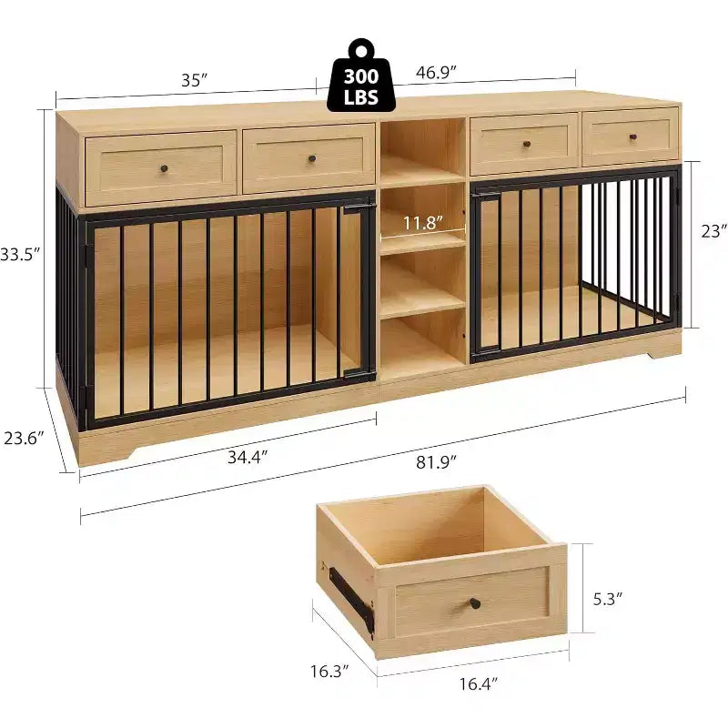 Meuble double cage pour chiens 82, grand chenil d’intérieur pour 2 chiens, cage en bois robuste faisant office de meuble TV avec 4 tiroirs et des étagères