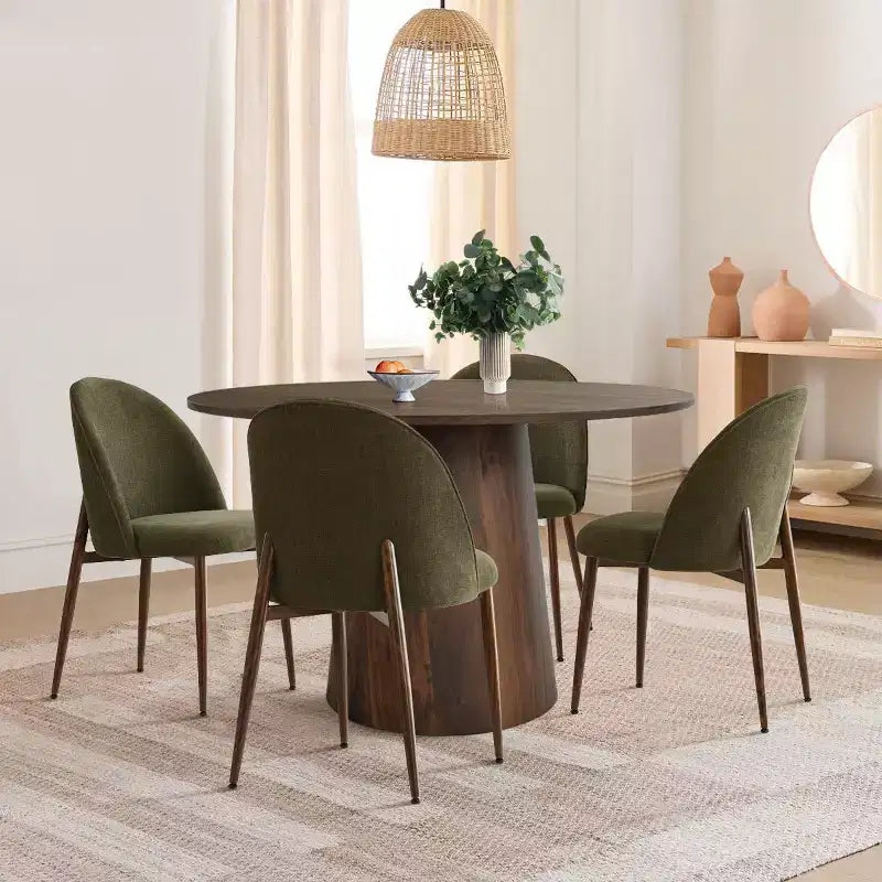 5-teiliges rundes Esszimmer-Set, 46-Zoll-Sockeltisch in Walnusston und gepolsterte Stühle ohne Armlehnen, für Frühstücksecken-Panipeachy