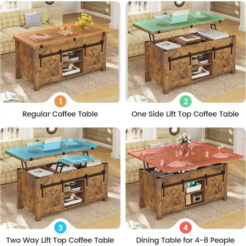 Table basse relevable avec 2 portes coulissantes de style grange, rangement et table à manger