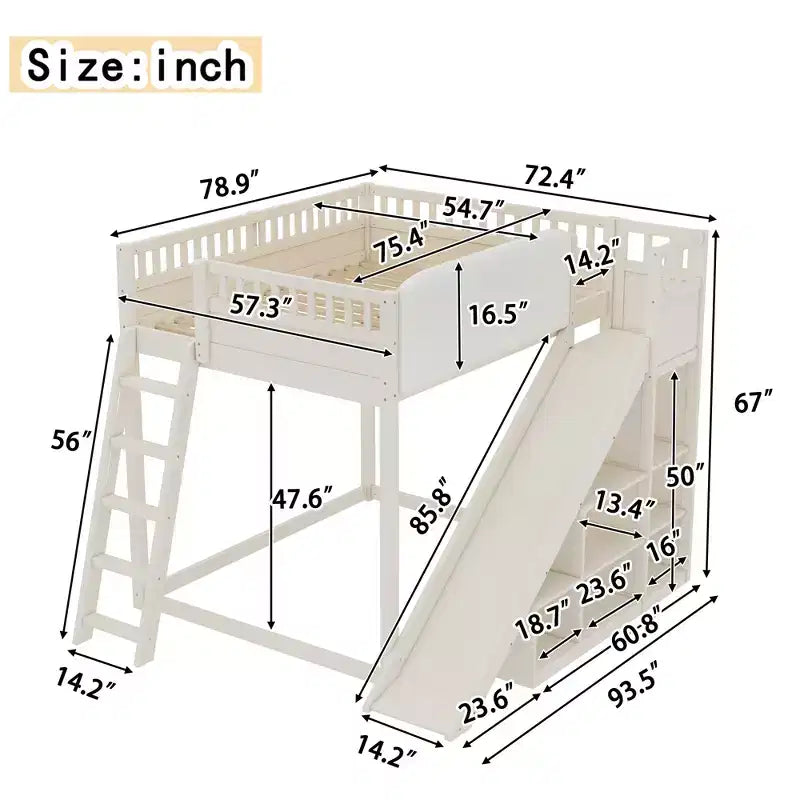 Lit mezzanine Bellemave avec tête de lit rembourrée et étagères de rangement, cadre en bois massif avec échelle et toboggan pour enfants