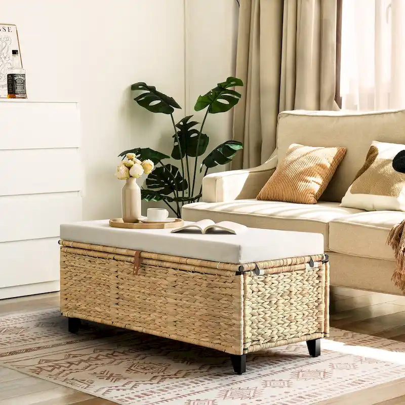 Aufbewahrungsbank aus Korbgeflecht mit Kissen für Schlafzimmer, Wohnzimmer oder Veranda - 18.5 H X 43.3 W X 18.5 D