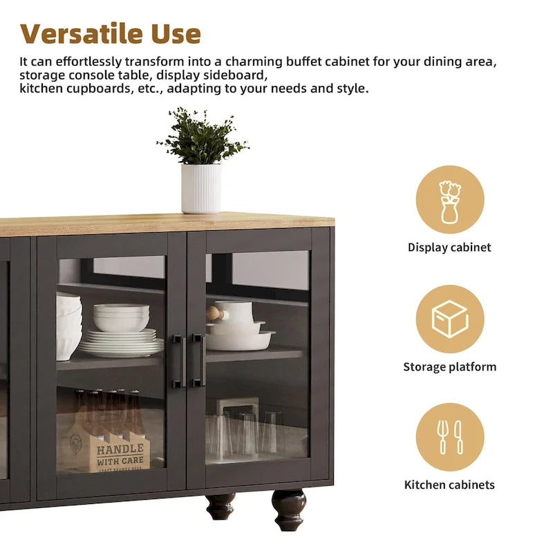 Zwart + donker walnootkleurig tv-meubel in landelijke stijl met boekenkasten en deuren van gehard glas voor tv's tot 70