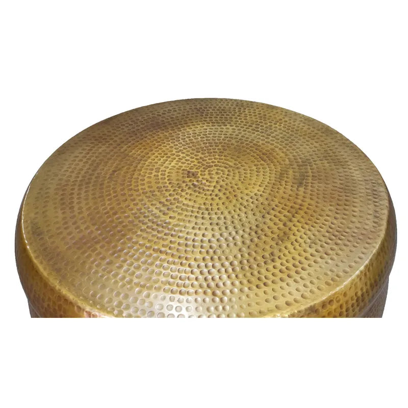 Tavolino da caffè rotondo artigianale a tamburo da 32 pollici, con texture goffrata a martello, in alluminio, ottone anticato