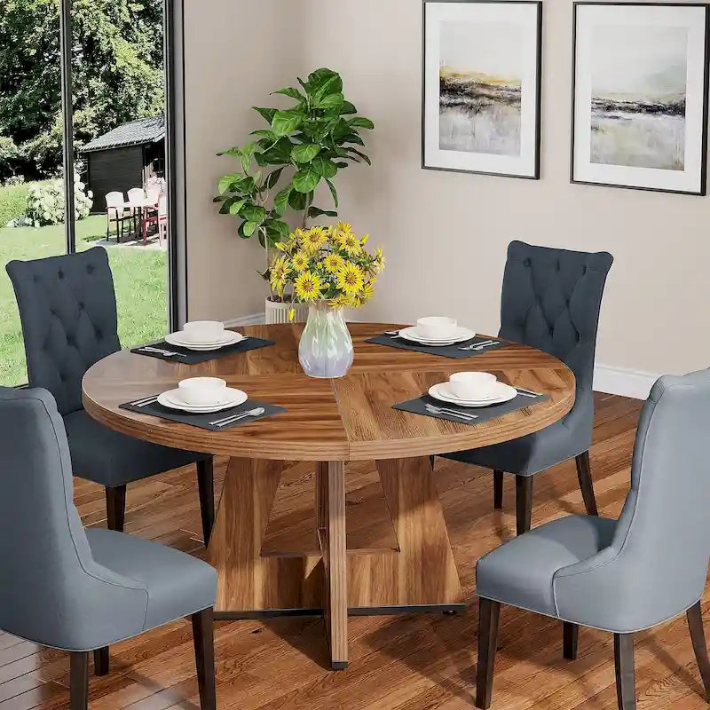 47 Inch Round Dining Table for 4, Wood Farmhouse Dinner Dinning Table for Kitchen Dining Living Room