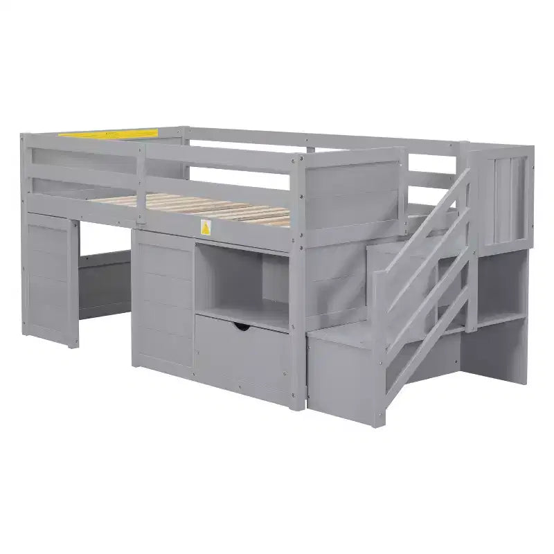 94.6L x 42.3W niedriges Hochbett aus Massivholz in Einzelgröße mit Treppe, Schublade und Regal, modernes und schlichtes Design