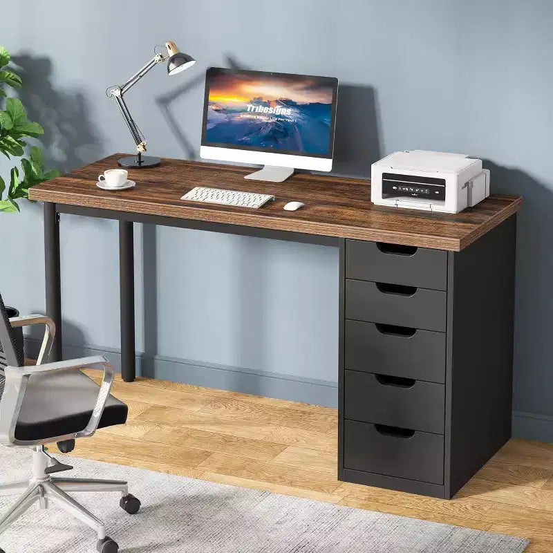 Bureau d’ordinateur Lantine avec 5 tiroirs, bureau moderne et sobre de 47 pouces pour le télétravail, les études et l’écriture, idéal pour les petits espaces