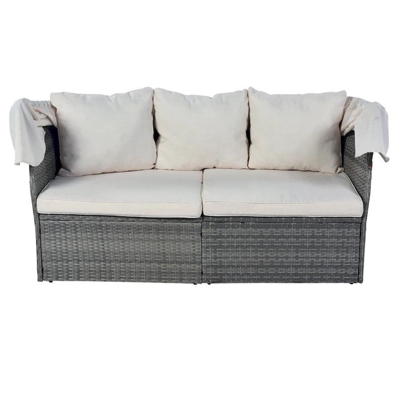 Graues Outdoor-Daybed aus Rattan mit Kissen und ausziehbarem Sonnendach
