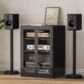 Bekrvio metalen mediakast, stereokast met 4 niveaus, glazen deuren en verstelbare planken, audio-AV-rek met kabelbeheer