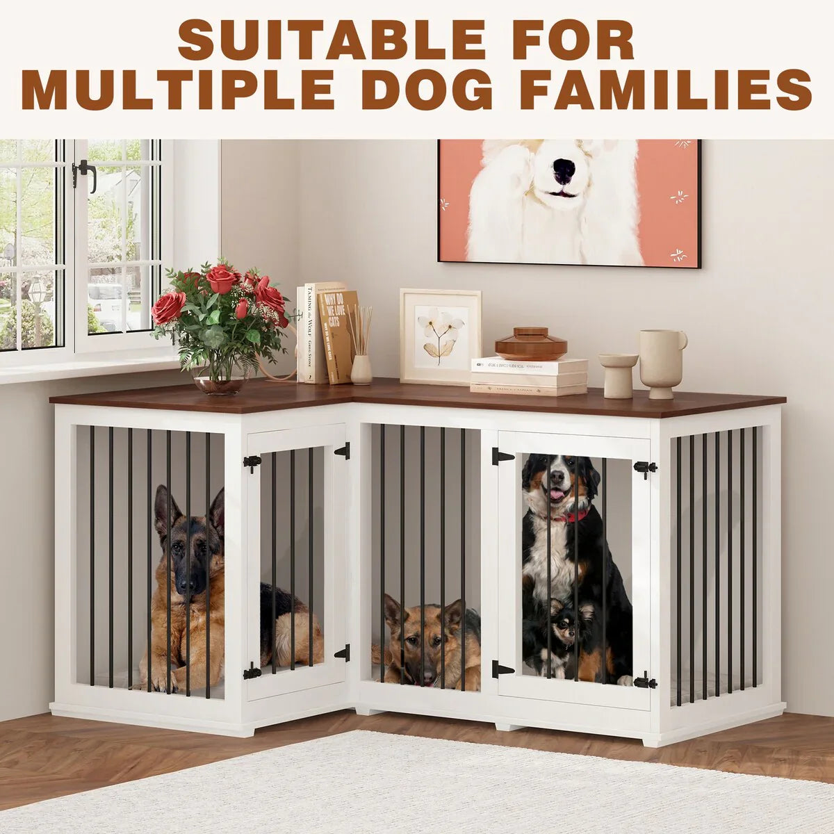 Große Eck-Hundebox als Möbelstück für 2 Hunde, Hundekäfig in L-Form - 58.7X41.1