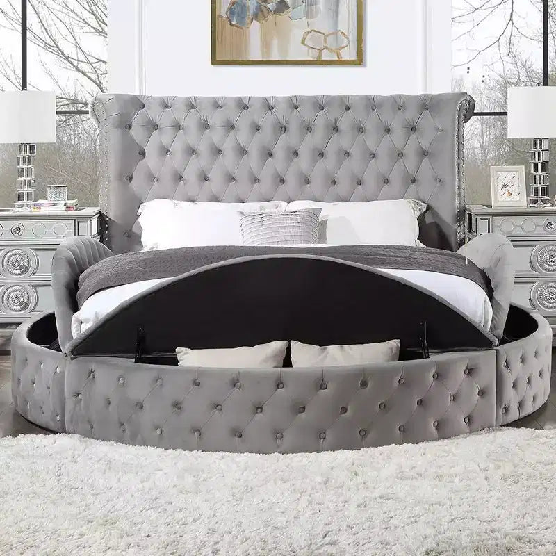 Letto matrimoniale Gaiva 109 in velluto grigio - Acme Furniture: elegante design con borchie decorative e bottoni capitonné, struttura in legno composito